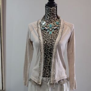 Banana Republic Cream Open-Front Fringe Trim Cardigan